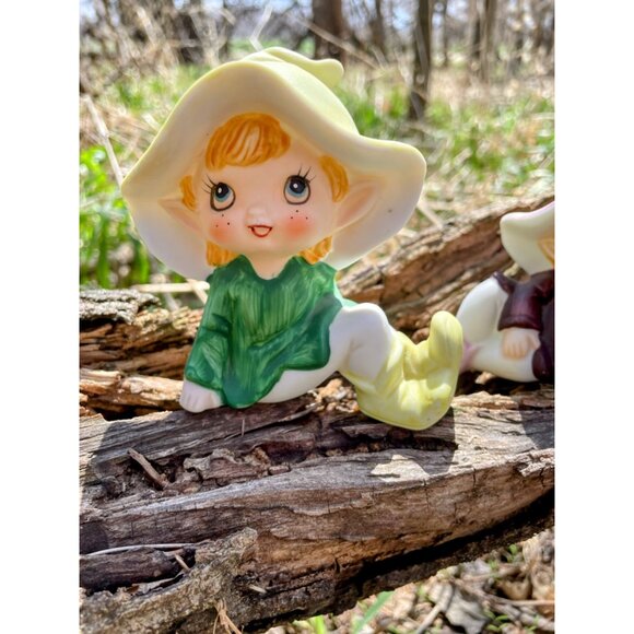 Vintage 1970s Pair Homco Bisque Porcelain Pixie fairy girls - Picture 2 of 14